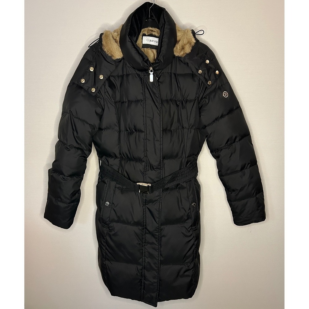 Calvin Klein Black Belted Puffer Coat Hooded Faux Fur Lining Small Winter Chic